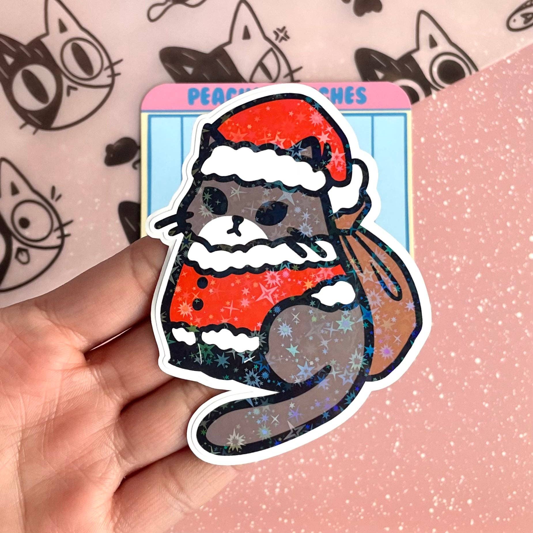 SANTA CAT HOLOGRAPHIC STAR LAPTOP STICKER
